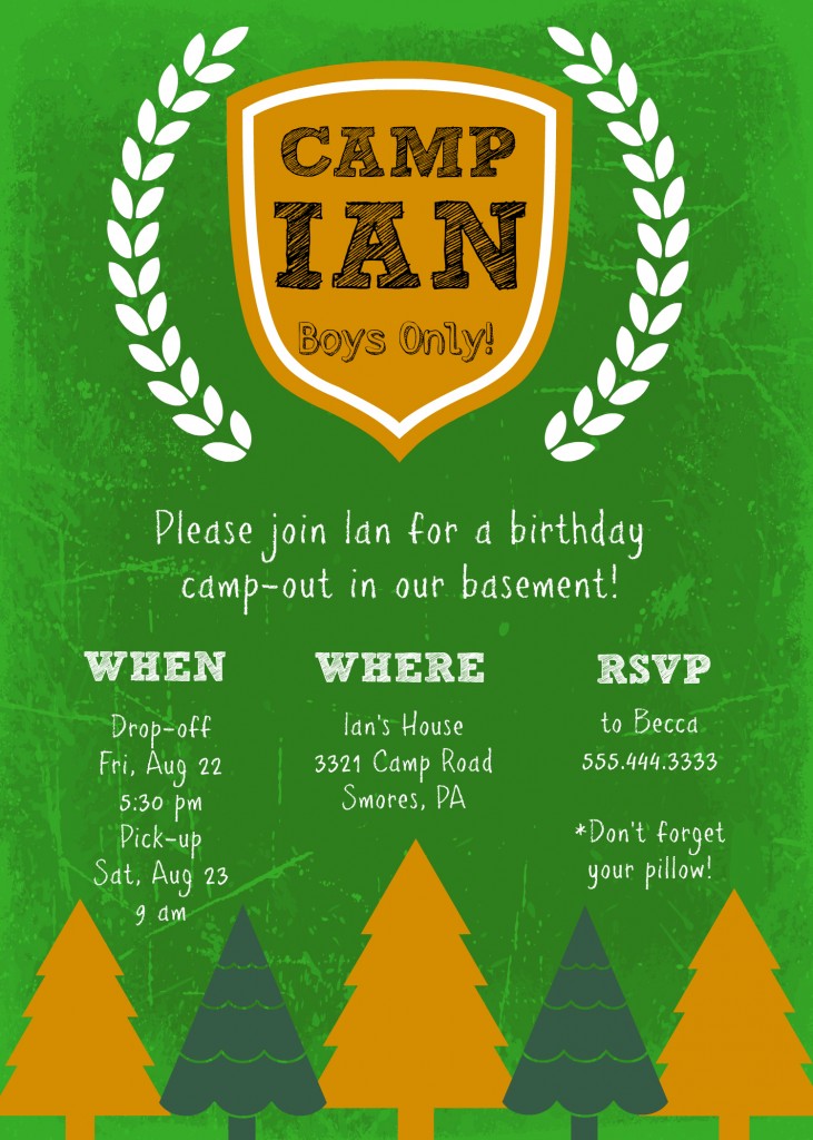 DIY camp birthday invite example