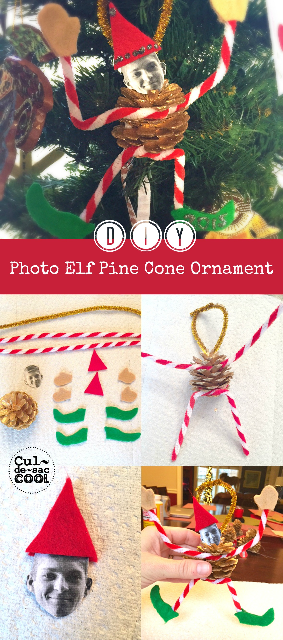 DIY Photo Elf Pine Cone Ornament Collage